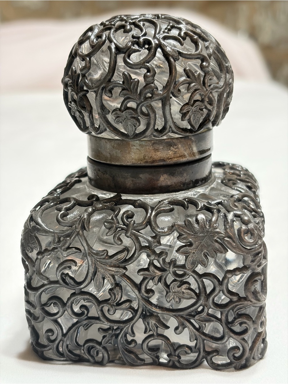 1800 Antique Pewter Ornate Silver Filigree Heavy Glass Inkwell